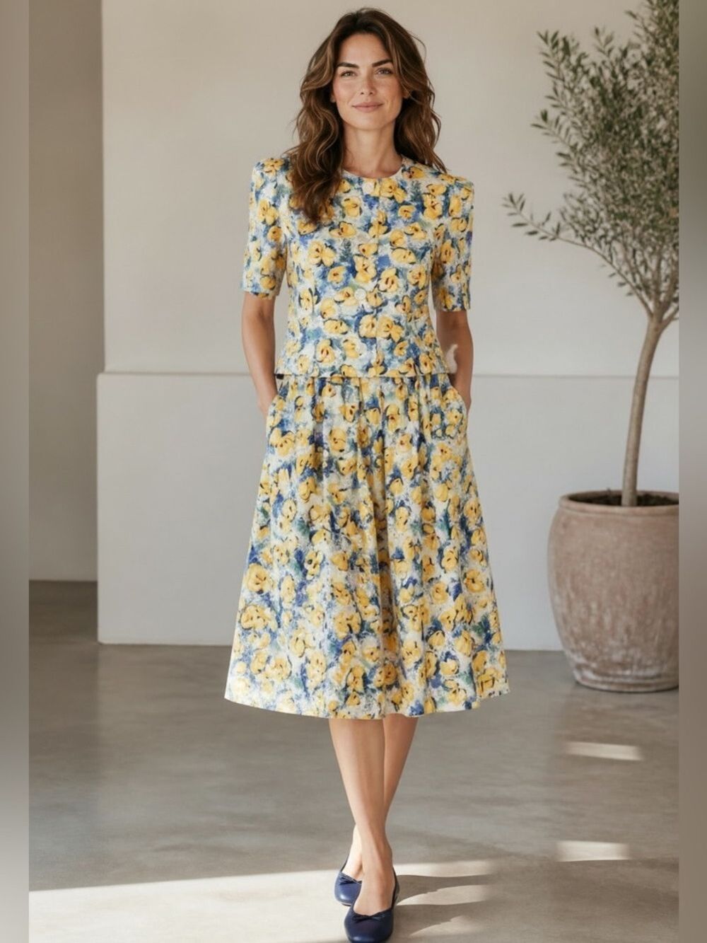 80s 2PC JOS A BANKS TWEE DITZY PANSY PRINT BLUE & YELLOW TOP & FULL MIDI SKIRT 8